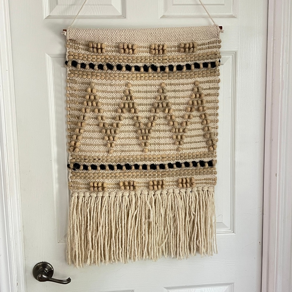 Retro Woven Wall Hanging‎ Home Decor Large Textured Fringe Cream Boho Tribal